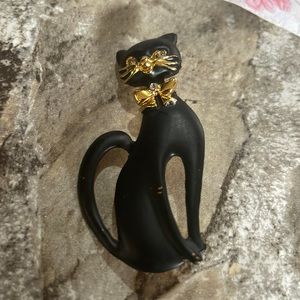 Black Cat Brooch Pin-Vintage Enamel Rhinstone Cat Kitty Figural Brooch-